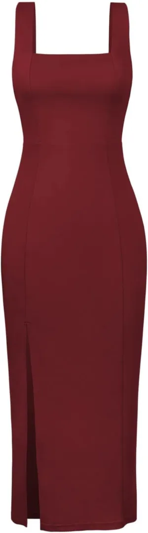 Sexy High Slit Bodycon Dress for Women, Solid Square Neck Sling Evening Dress