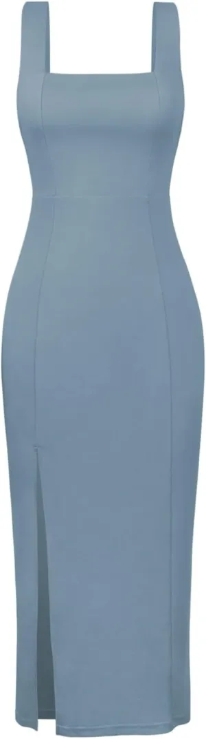 Sexy High Slit Bodycon Dress for Women, Solid Square Neck Sling Evening Dress