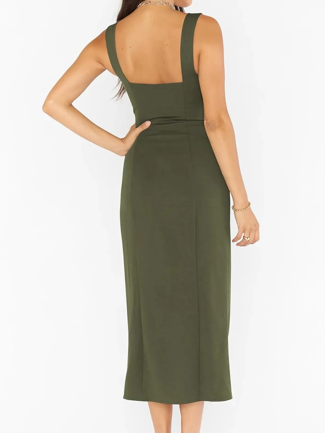 Sexy High Slit Bodycon Dress for Women, Solid Square Neck Sling Evening Dress