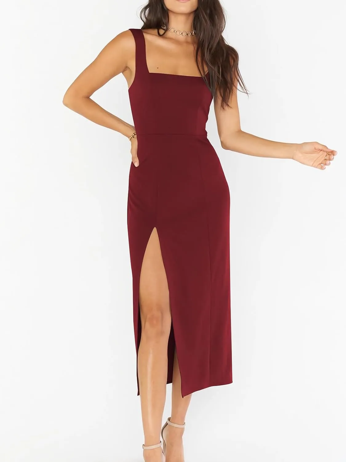 Sexy High Slit Bodycon Dress for Women, Solid Square Neck Sling Evening Dress