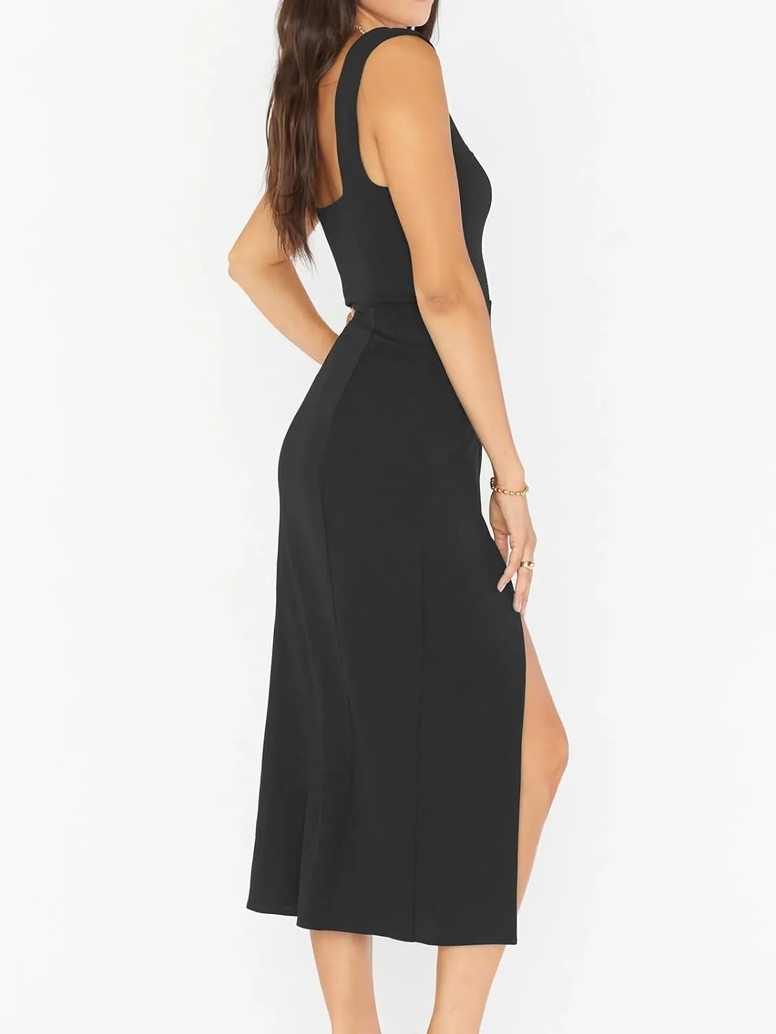 Sexy High Slit Bodycon Dress for Women, Solid Square Neck Sling Evening Dress