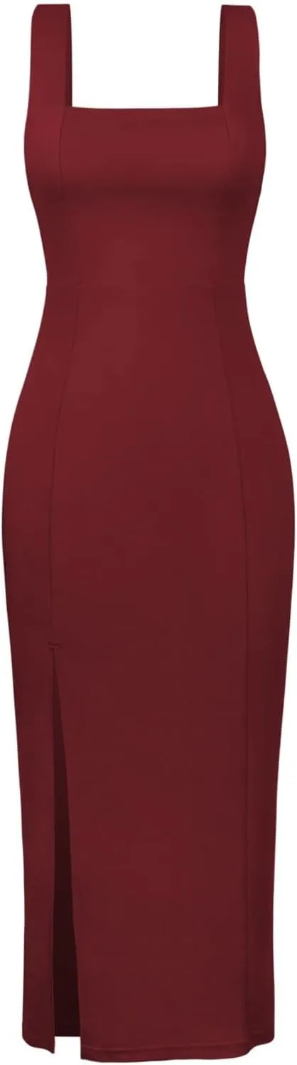 Sexy High Slit Bodycon Dress for Women, Solid Square Neck Sling Evening Dress