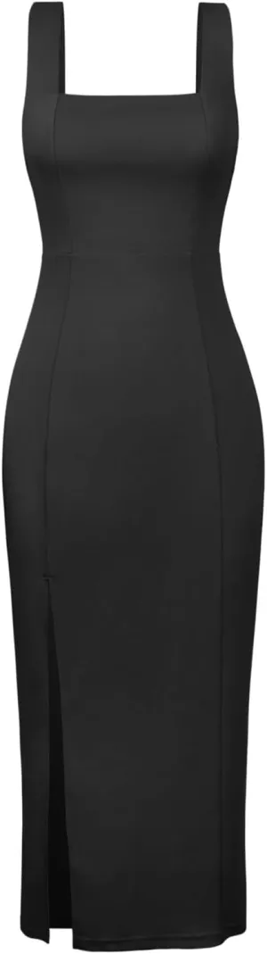 Sexy High Slit Bodycon Dress for Women, Solid Square Neck Sling Evening Dress
