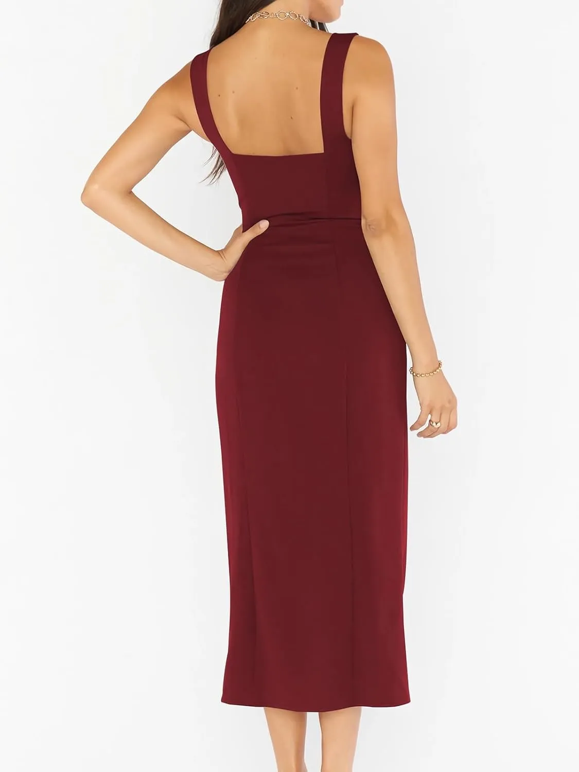 Sexy High Slit Bodycon Dress for Women, Solid Square Neck Sling Evening Dress
