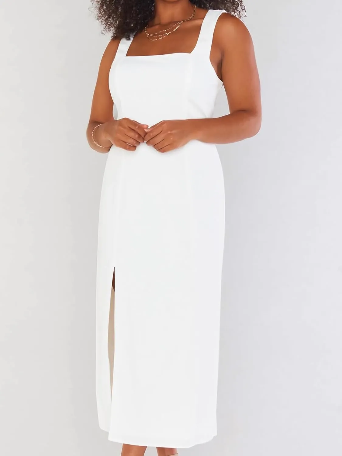 Sexy High Slit Bodycon Dress for Women, Solid Square Neck Sling Evening Dress