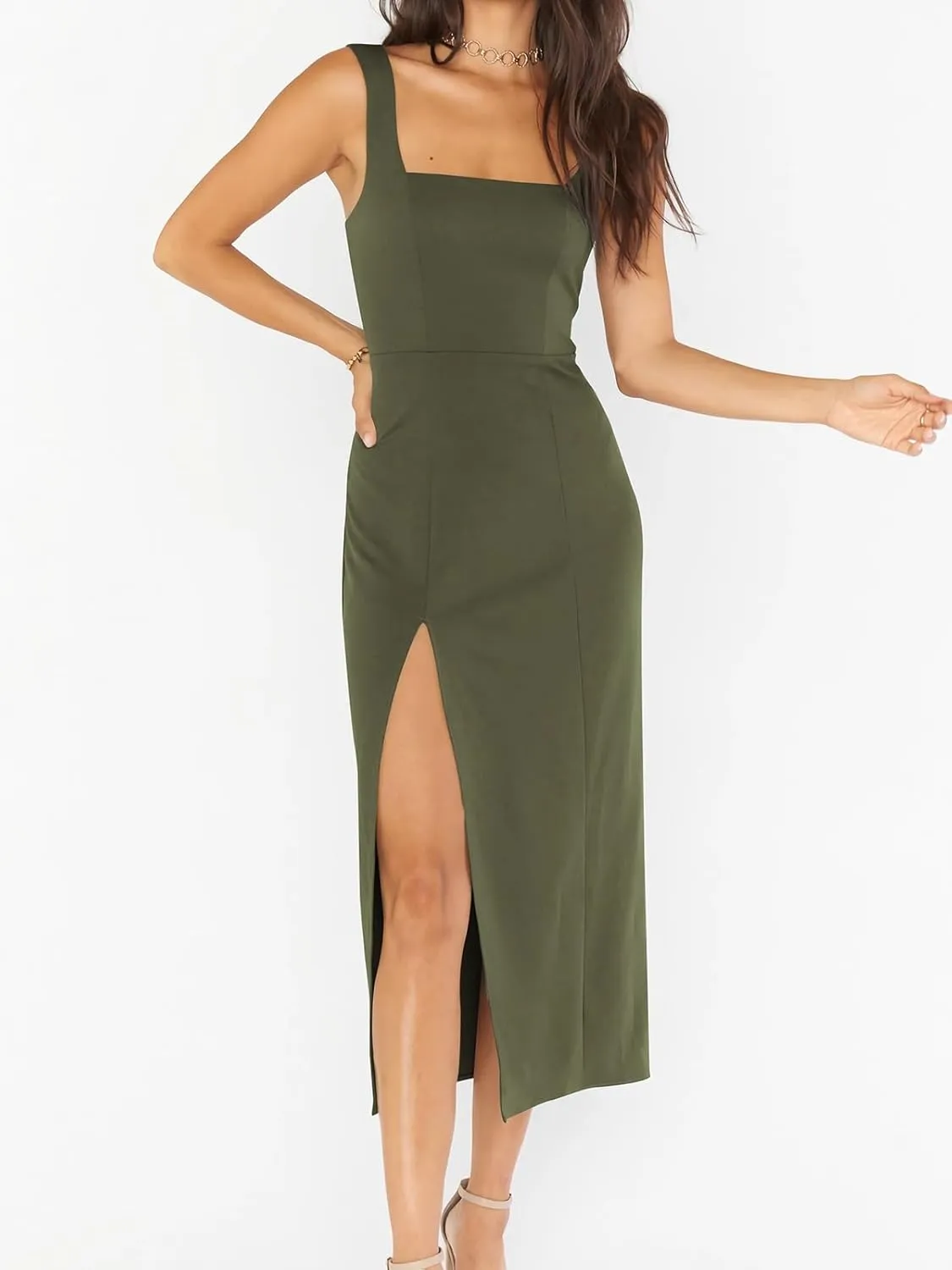 Sexy High Slit Bodycon Dress for Women, Solid Square Neck Sling Evening Dress
