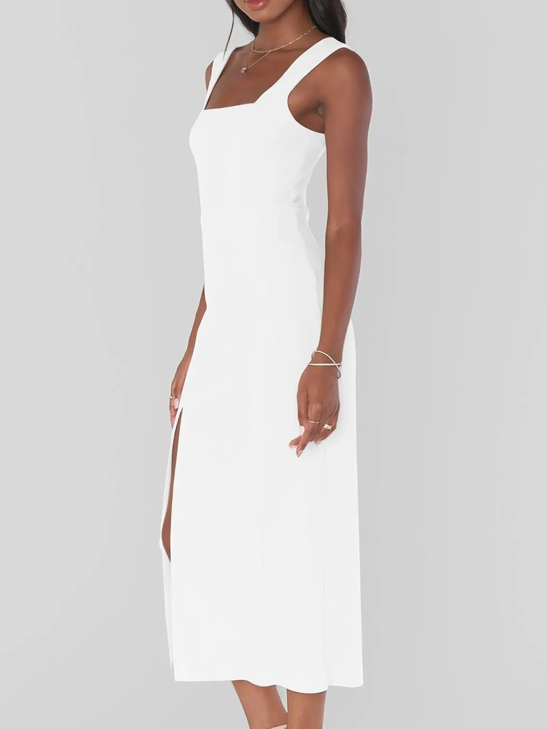Sexy High Slit Bodycon Dress for Women, Solid Square Neck Sling Evening Dress