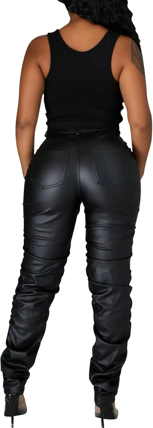 Sexy Women Faux Leather Leggings High Waisted Pleated Leather Tights Splits Hem Stacked Pants