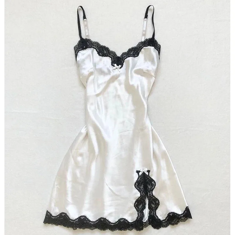 Sexy women's dress lace Harajuku fashion solid color Y2K slit short skirt cute emo girls comfortable satin aesthetic sling dress