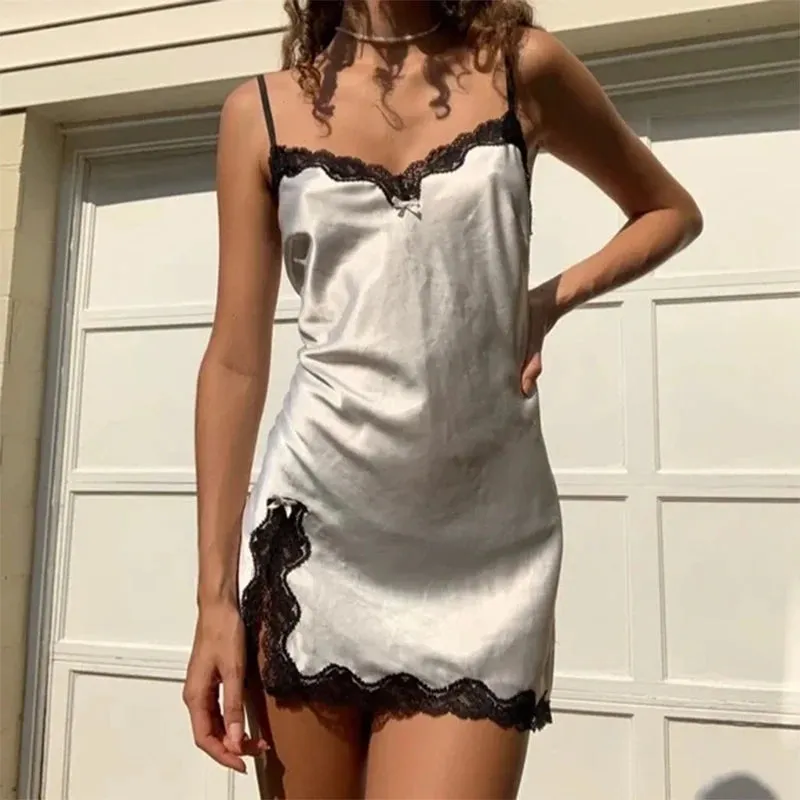 Sexy women's dress lace Harajuku fashion solid color Y2K slit short skirt cute emo girls comfortable satin aesthetic sling dress