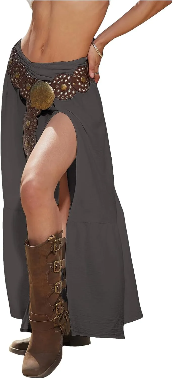 SHENHE Women's Summer Low Rise Maxi Skirt High Slit Ruffle Hem Flowy Boho Long Skirt