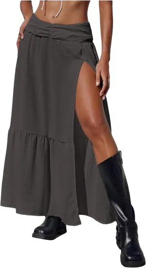 SHENHE Women's Summer Low Rise Maxi Skirt High Slit Ruffle Hem Flowy Boho Long Skirt