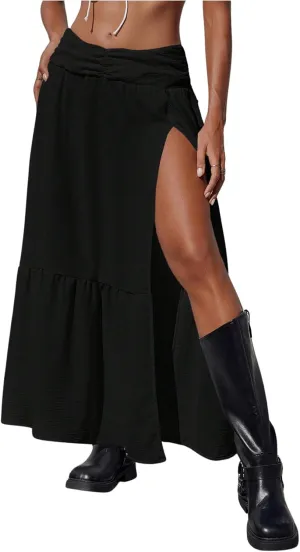 SHENHE Women's Summer Low Rise Maxi Skirt High Slit Ruffle Hem Flowy Boho Long Skirt