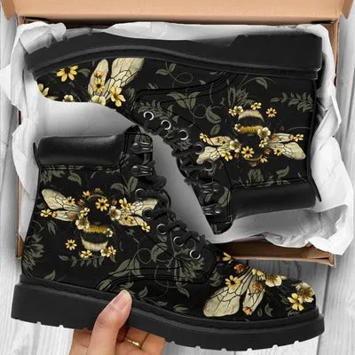 Skull bees mushroom print lace-up booties for women