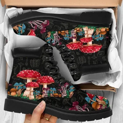 Skull bees mushroom print lace-up booties for women