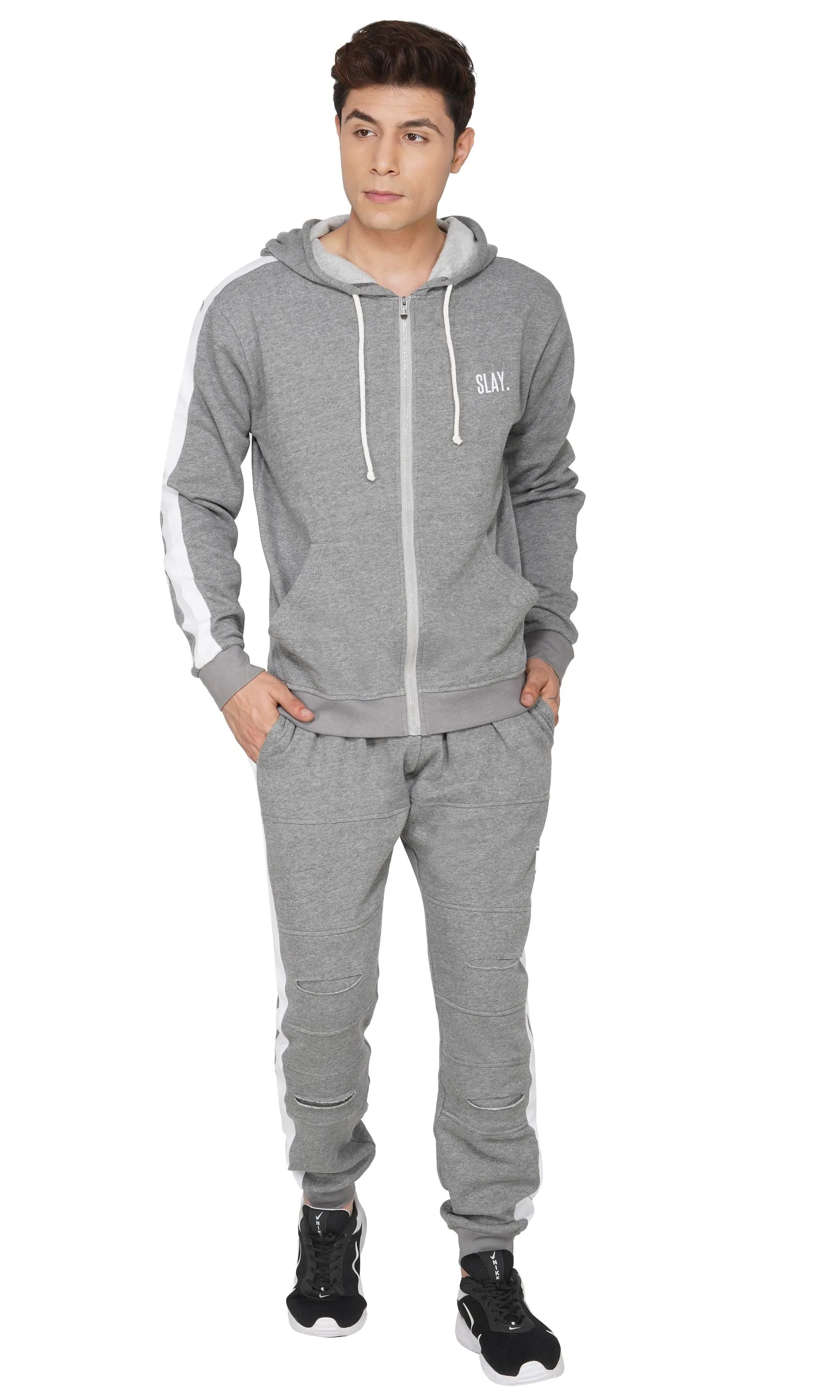 SLAY. Men's Baller Edition Light Grey Tracksuit with White Stripes
