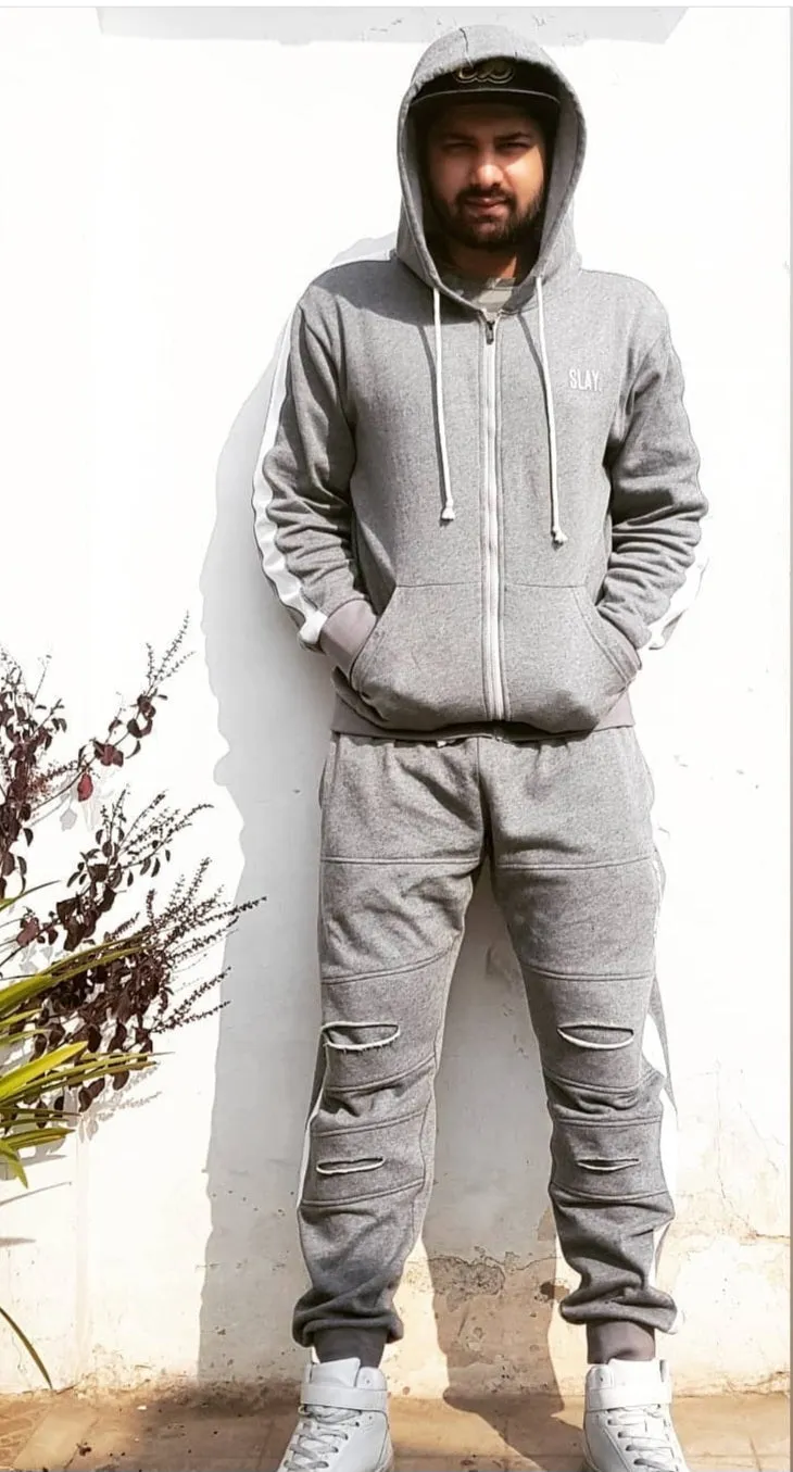 SLAY. Men's Baller Edition Light Grey Tracksuit with White Stripes