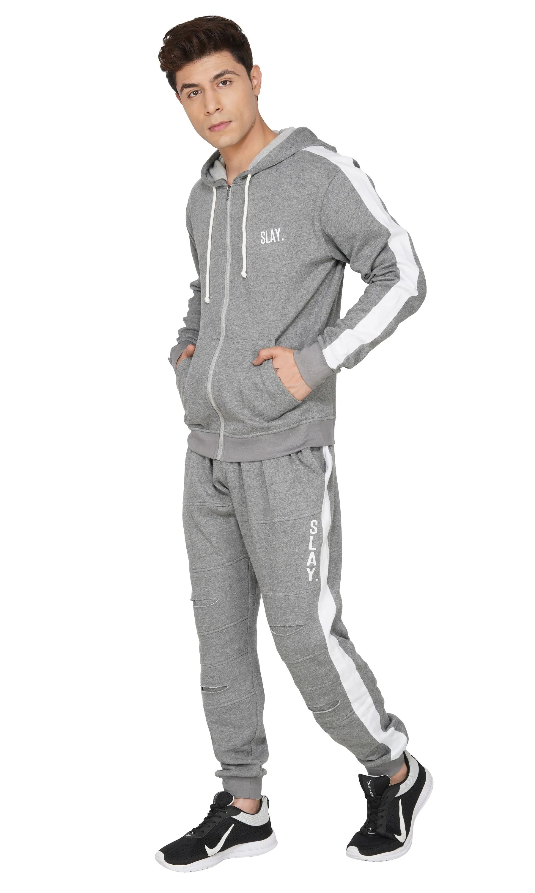 SLAY. Men's Baller Edition Light Grey Tracksuit with White Stripes