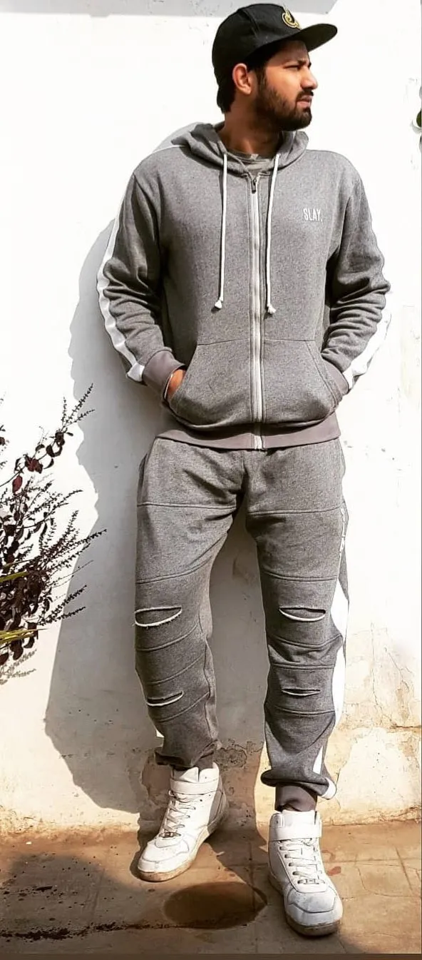 SLAY. Men's Baller Edition Light Grey Tracksuit with White Stripes