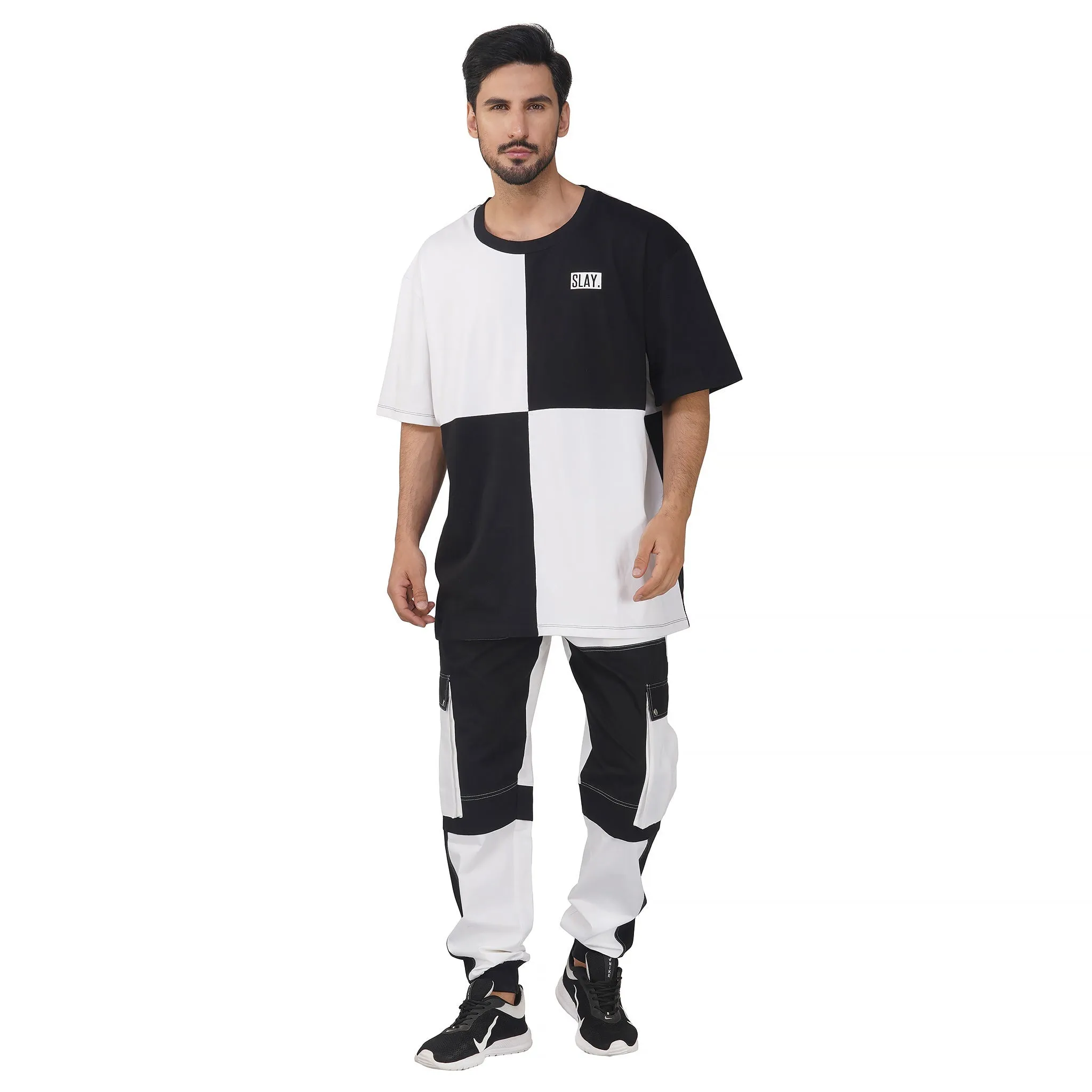 SLAY. Men's Colorblock White & Black Utility Cargo Pants