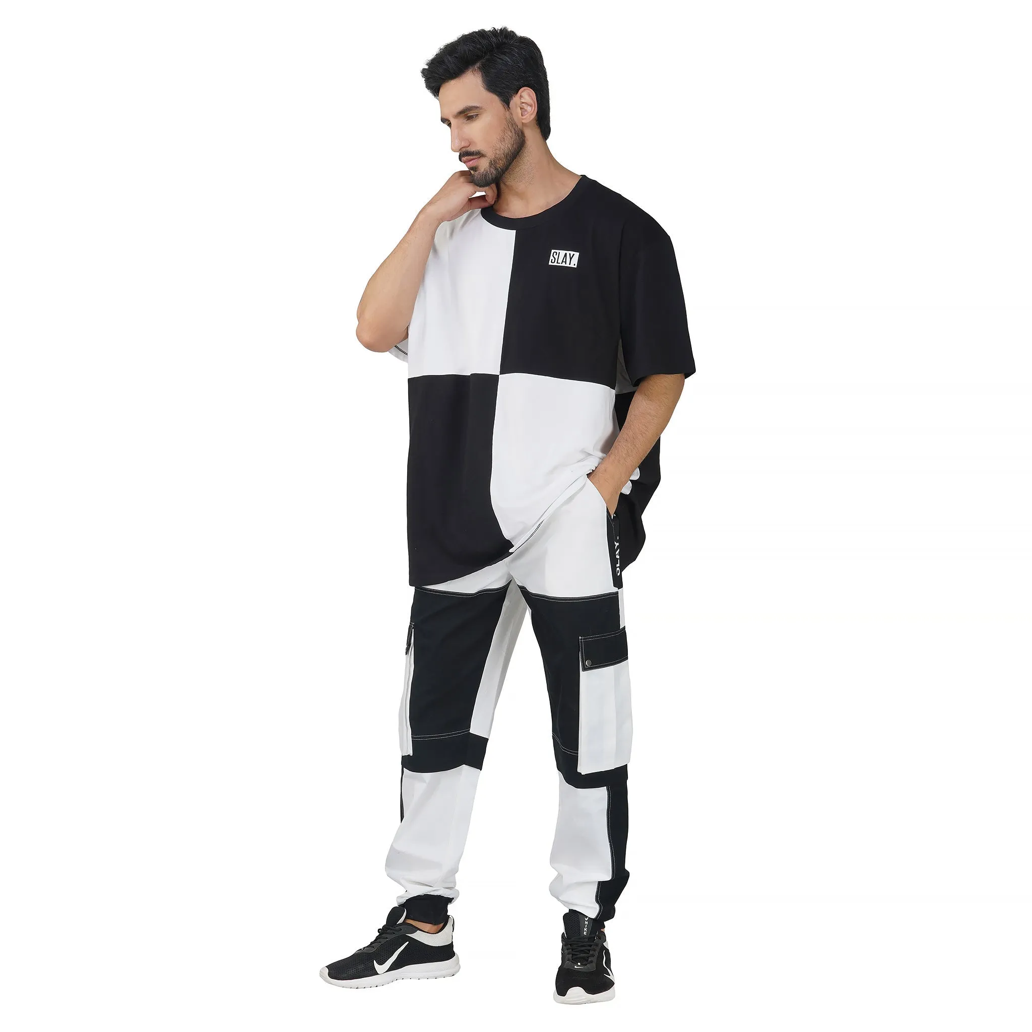 SLAY. Men's Colorblock White & Black Utility Cargo Pants
