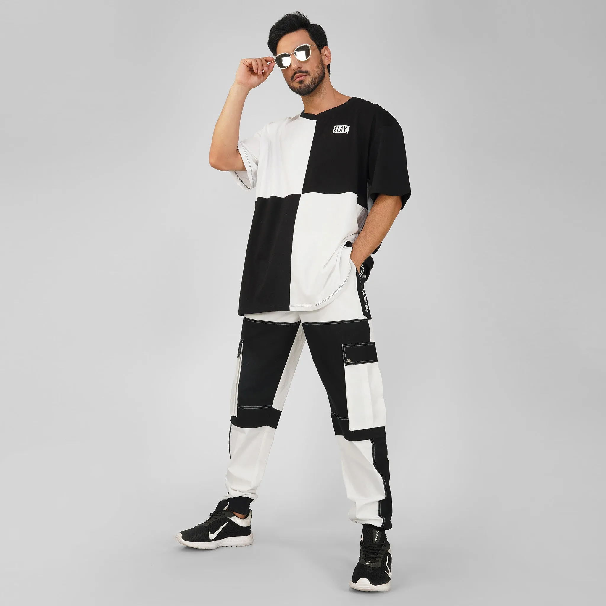 SLAY. Men's Colorblock White & Black Utility Cargo Pants