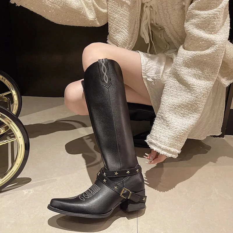 Sohiwoo Embroidered Western Cowboy Boots Vintage Black Knight Boots Chunky Heel Rock Women's Pointy Pointy Thigh-high Boots