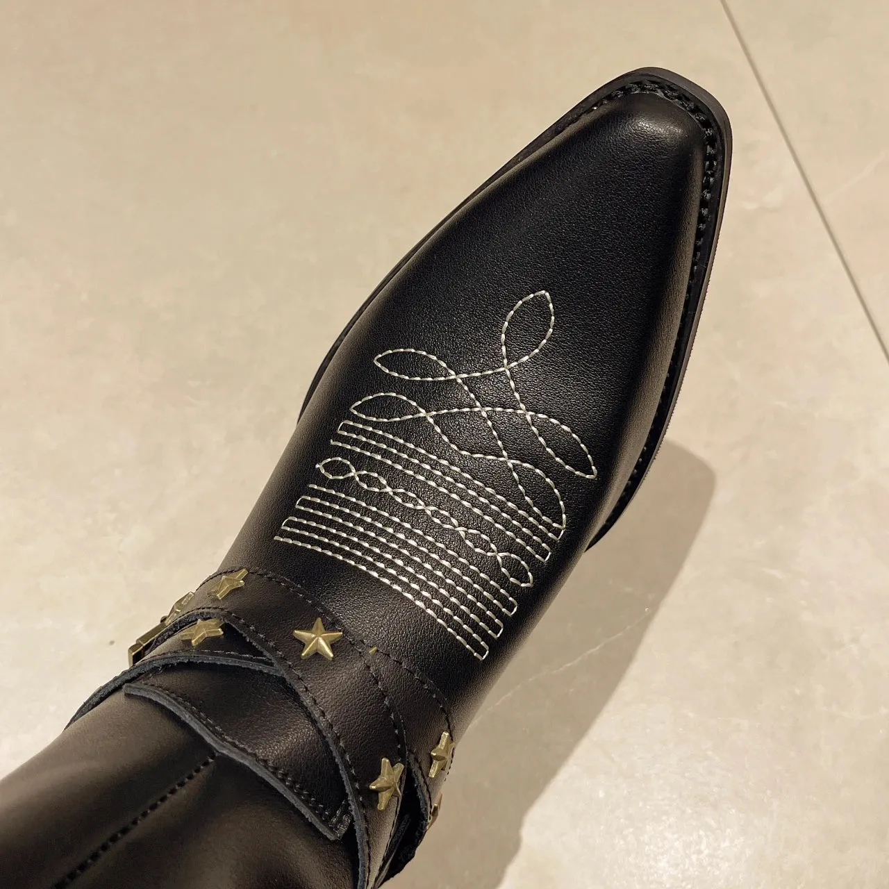 Sohiwoo Embroidered Western Cowboy Boots Vintage Black Knight Boots Chunky Heel Rock Women's Pointy Pointy Thigh-high Boots