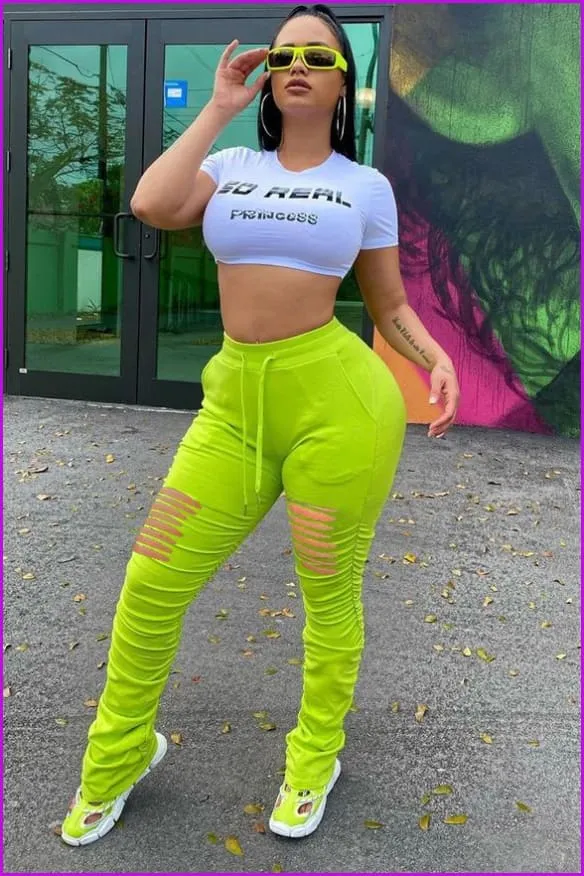 Solid Drawstring Holes Stacked Pants For WomenDE911