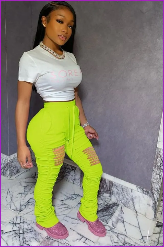 Solid Drawstring Holes Stacked Pants For WomenDE911