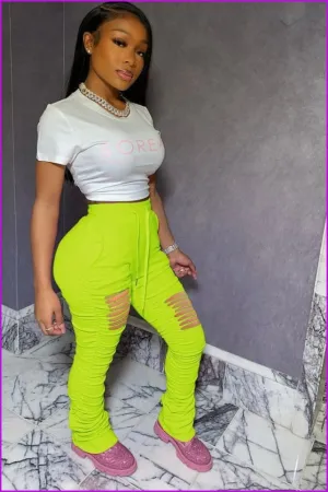 Solid Drawstring Holes Stacked Pants For WomenDE911