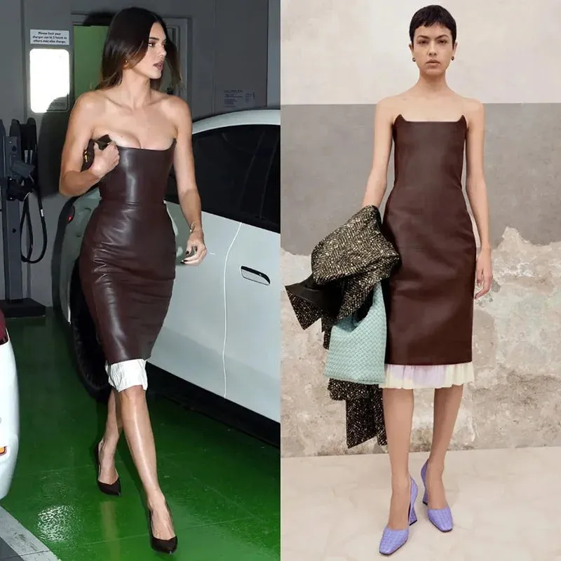 Sonicelife   Women's PU Faux Leather Sleeveless Bodycon Midi Dresses, Sexy Clothes, Backless Tube, Side Slit, Club Party Streetwear, Y2K