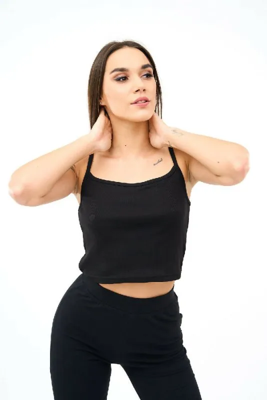 Square Neck Spaghetti Straps Cotton Crop Top for Womens in Black