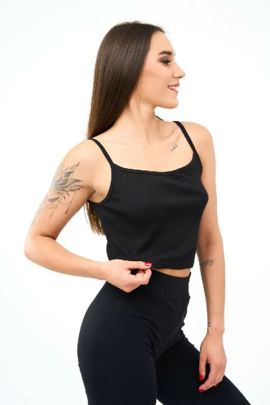 Square Neck Spaghetti Straps Cotton Crop Top for Womens in Black