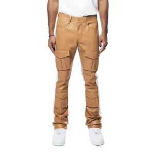 Stacked Striped Vegan Leather Cargo Pants - Tan