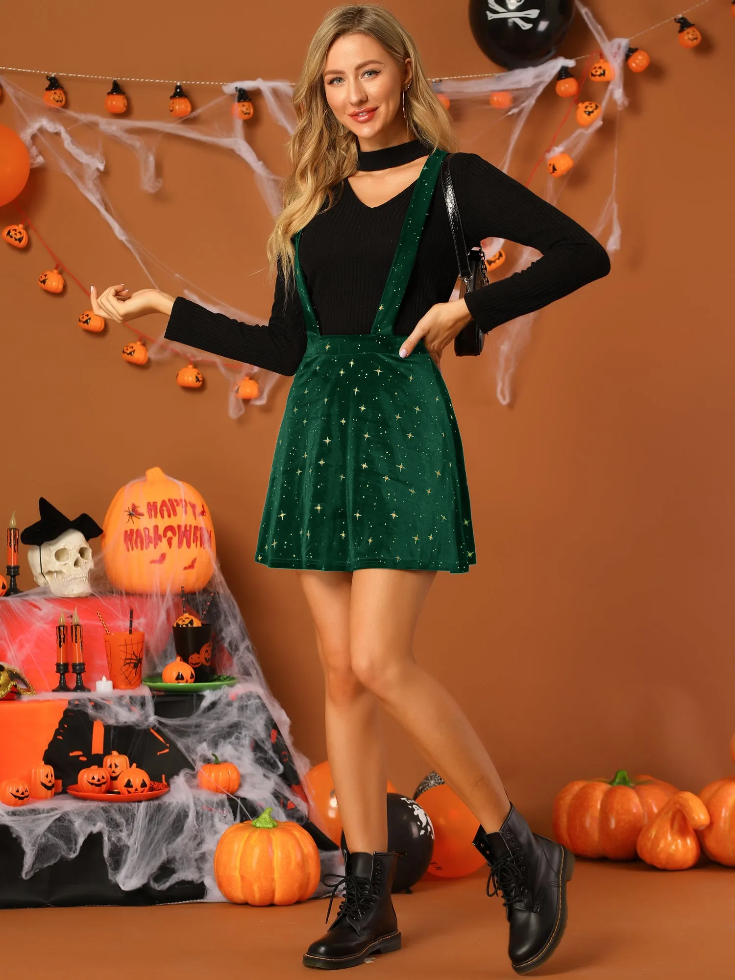 Stars Velvet High Waist Mini Pinafore Overall Suspender Skirt