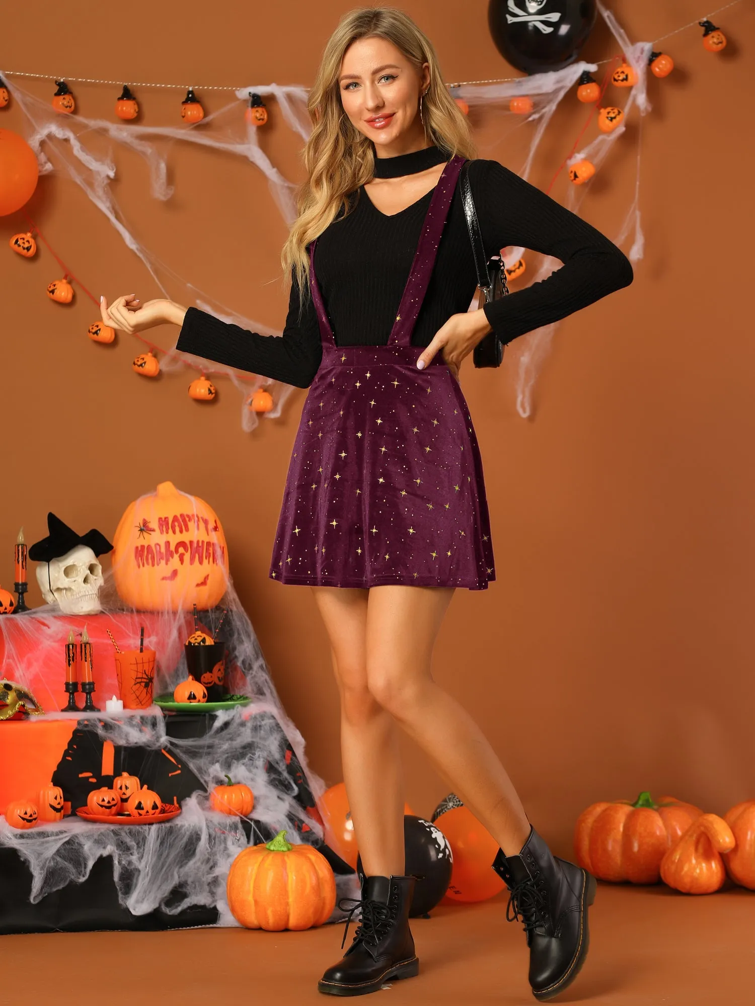 Stars Velvet High Waist Mini Pinafore Overall Suspender Skirt