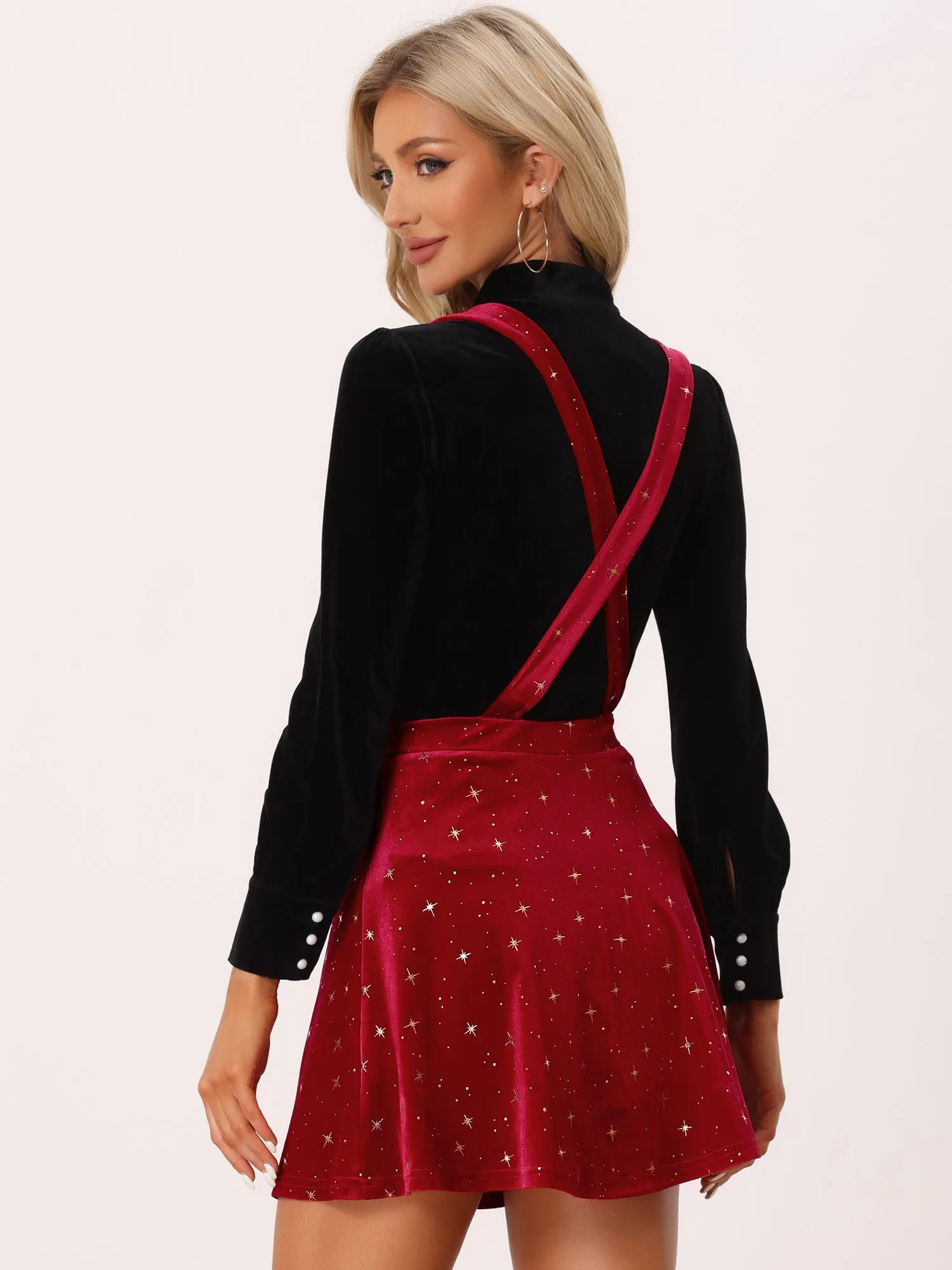 Stars Velvet High Waist Mini Pinafore Overall Suspender Skirt
