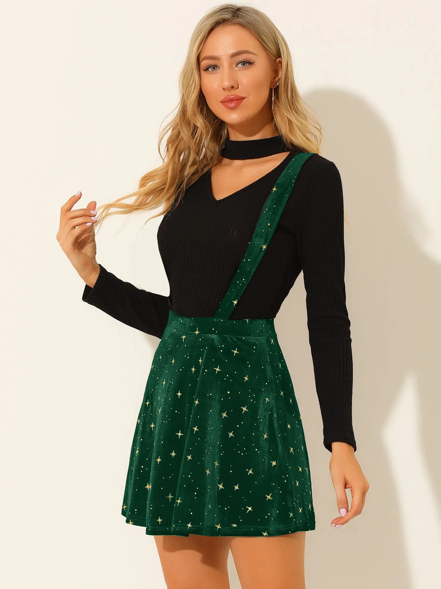 Stars Velvet High Waist Mini Pinafore Overall Suspender Skirt