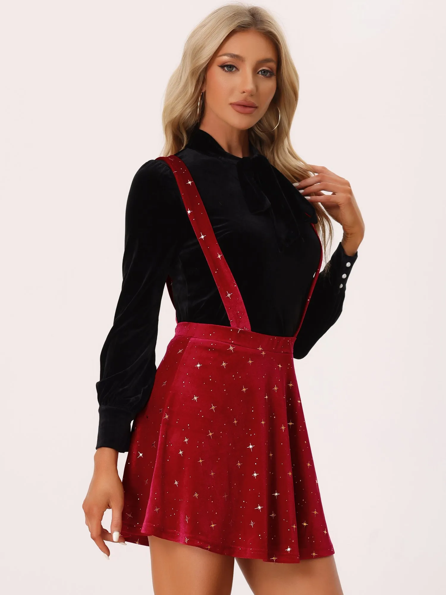 Stars Velvet High Waist Mini Pinafore Overall Suspender Skirt