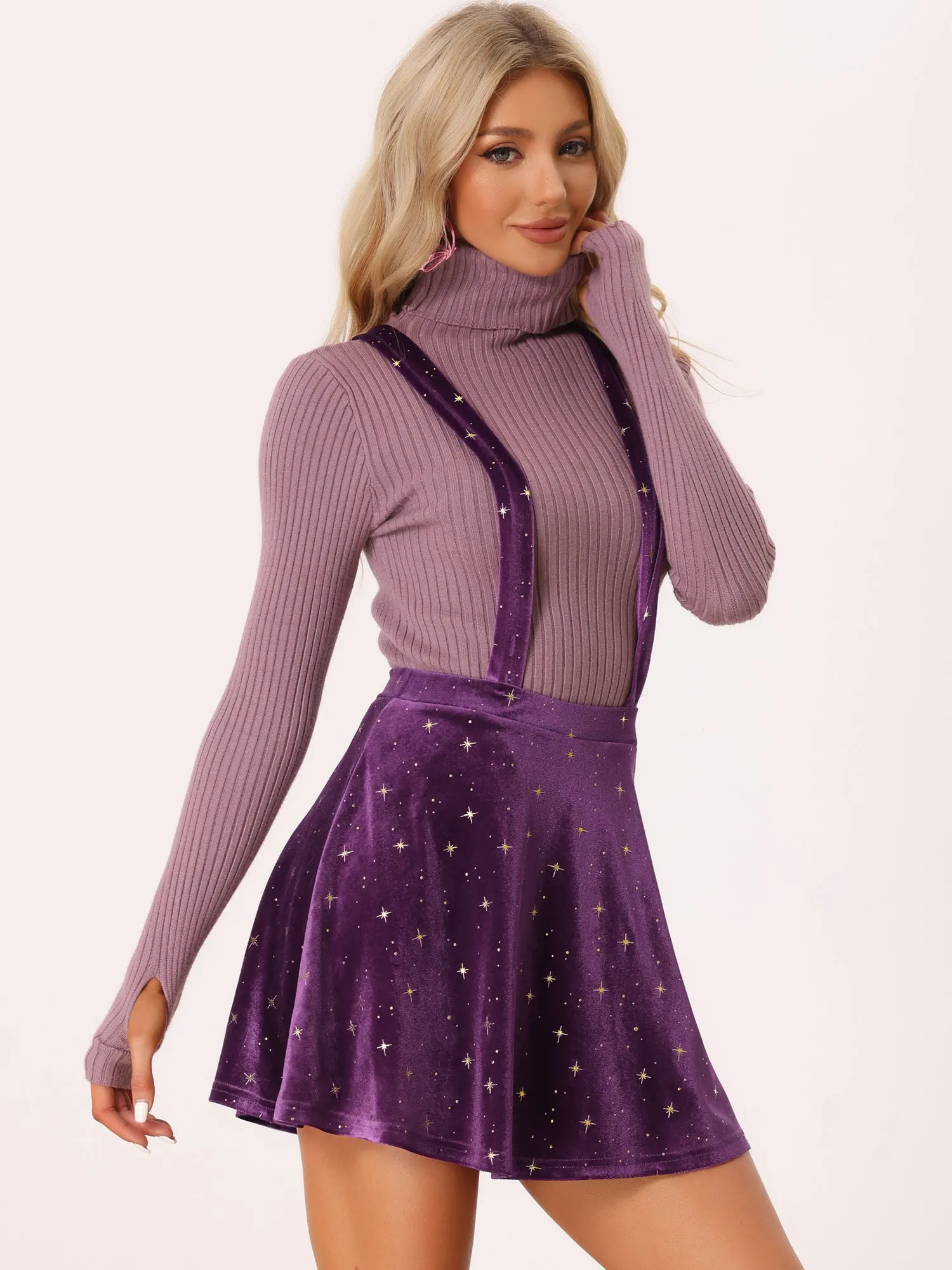 Stars Velvet High Waist Mini Pinafore Overall Suspender Skirt