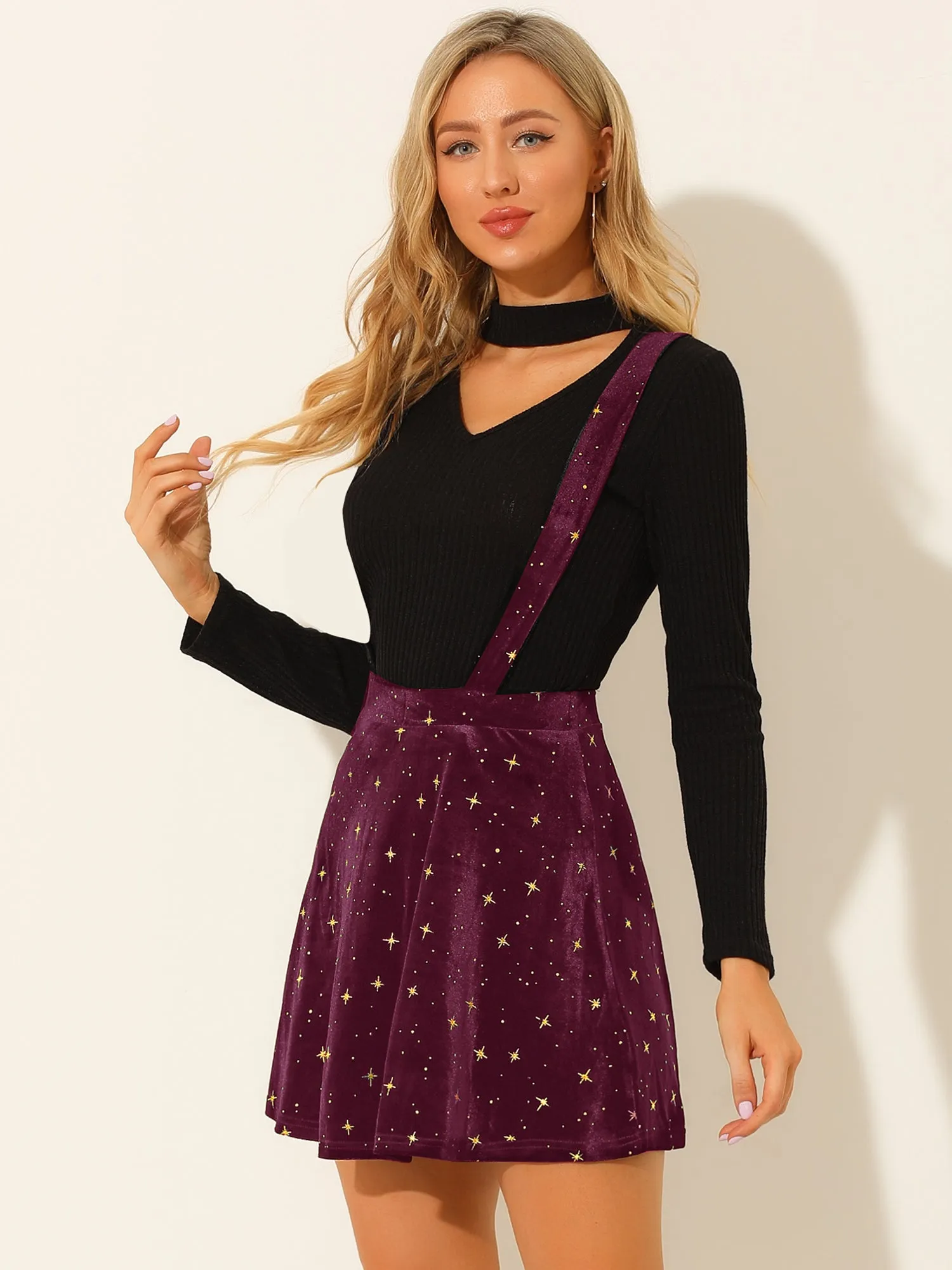 Stars Velvet High Waist Mini Pinafore Overall Suspender Skirt