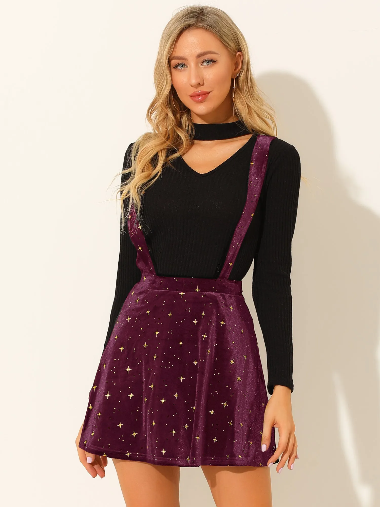 Stars Velvet High Waist Mini Pinafore Overall Suspender Skirt