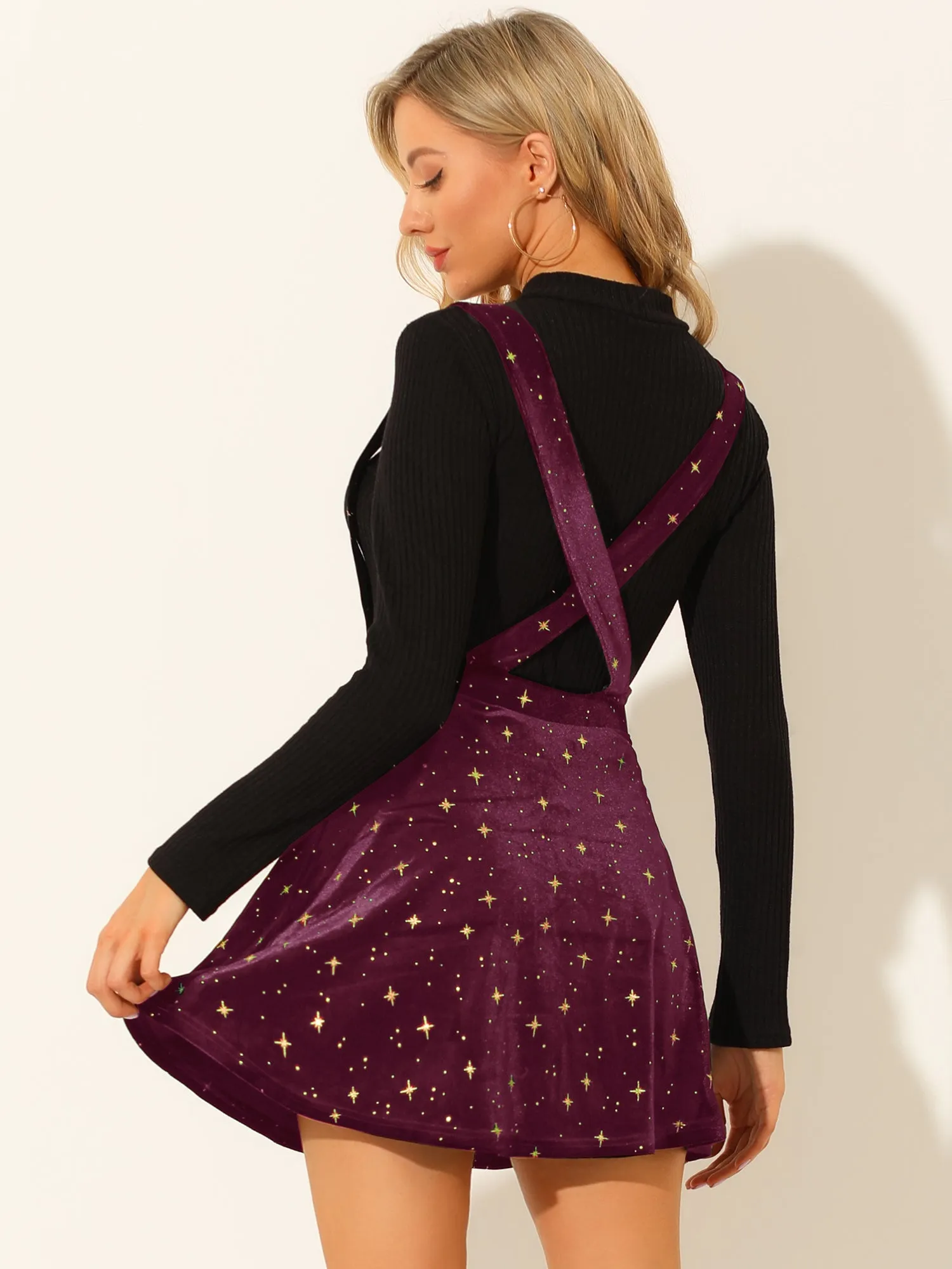 Stars Velvet High Waist Mini Pinafore Overall Suspender Skirt