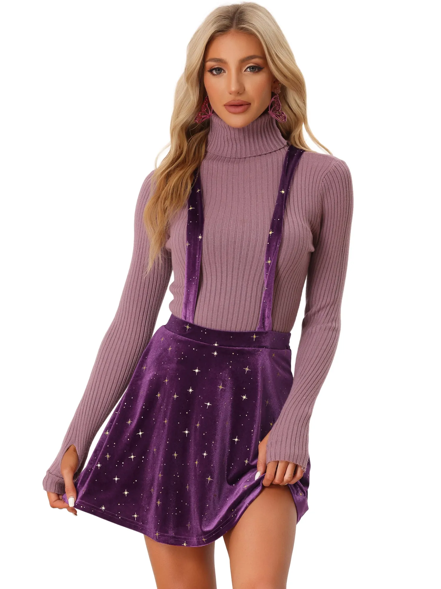 Stars Velvet High Waist Mini Pinafore Overall Suspender Skirt