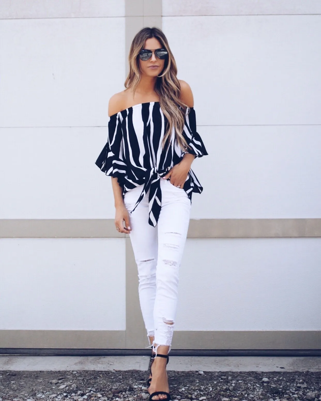 Stripe Off Shoulder Trumpet Sleeve Tops Shirt Blouses