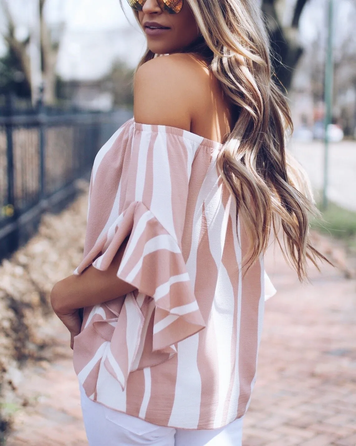 Stripe Off Shoulder Trumpet Sleeve Tops Shirt Blouses