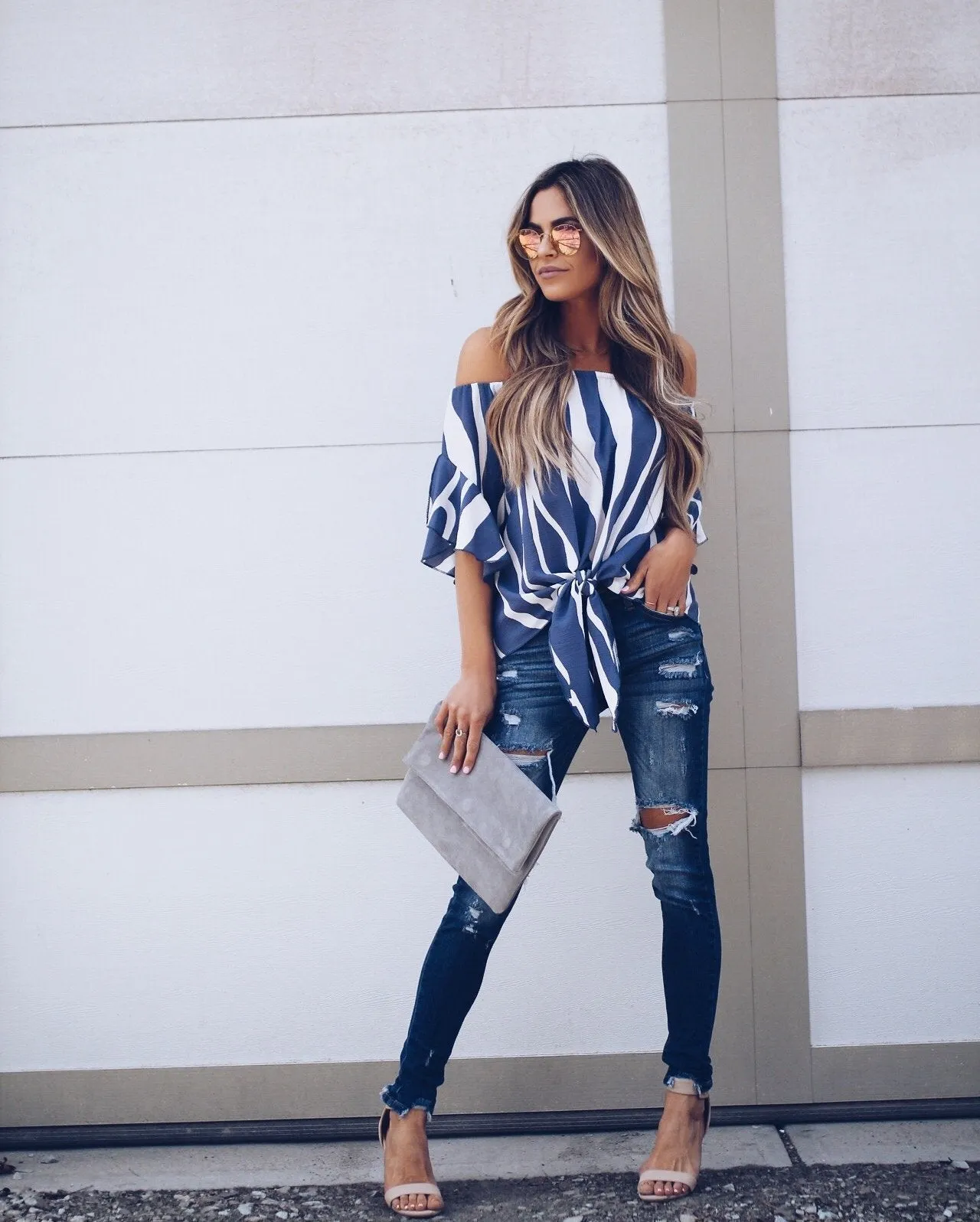 Stripe Off Shoulder Trumpet Sleeve Tops Shirt Blouses