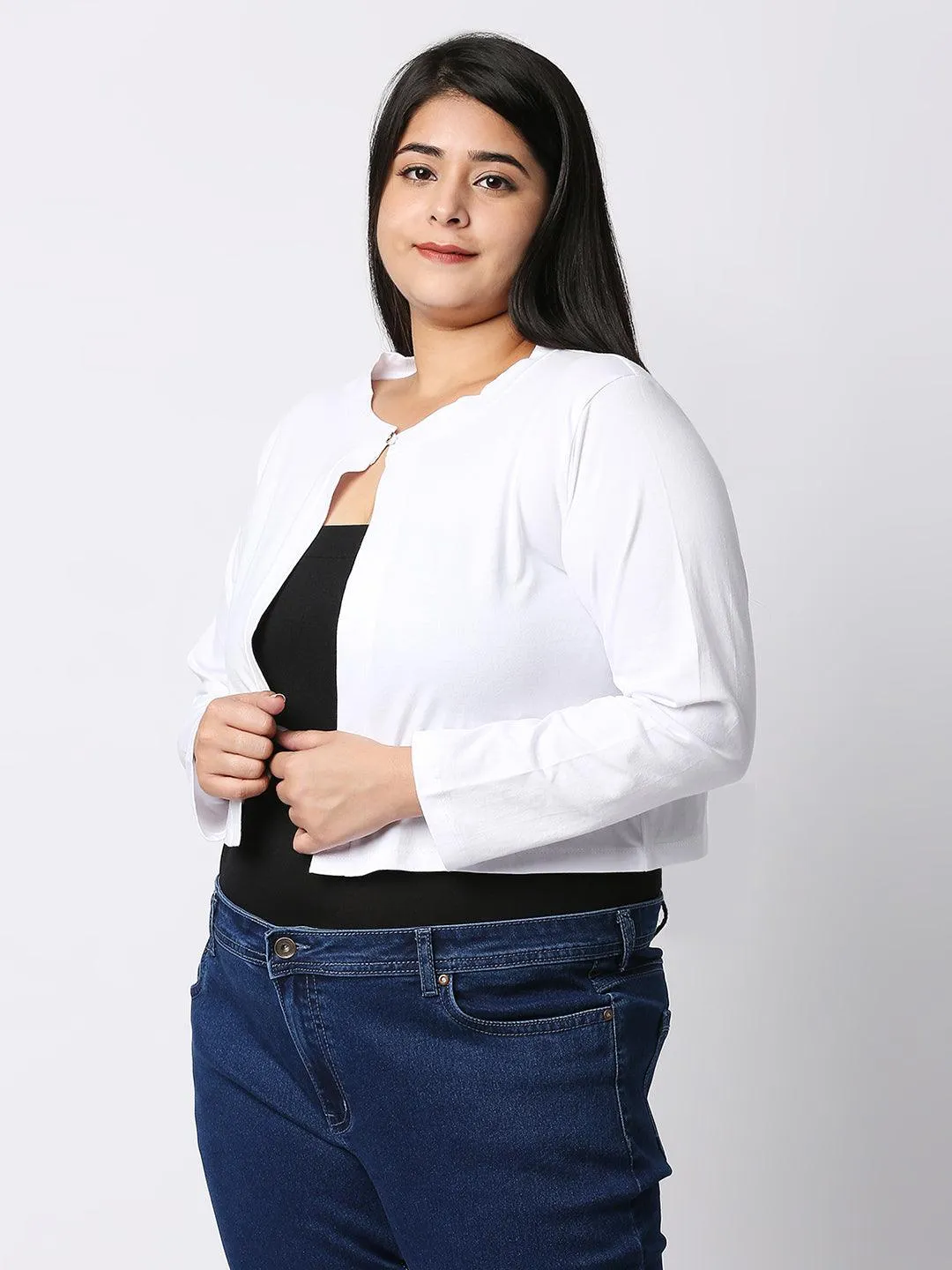 Style Quotient Women White Solid Cotton Open Front Smart Casual Shrug