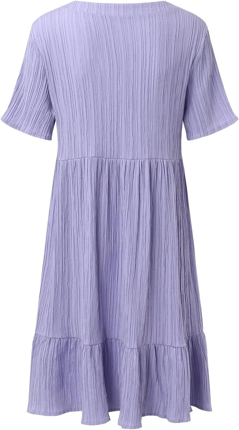 Summer Dresses for Women 2024 Pleated Tiered A Line Flowy Midi Dress Casual Fashion Short Sleeve V Neck Sundress